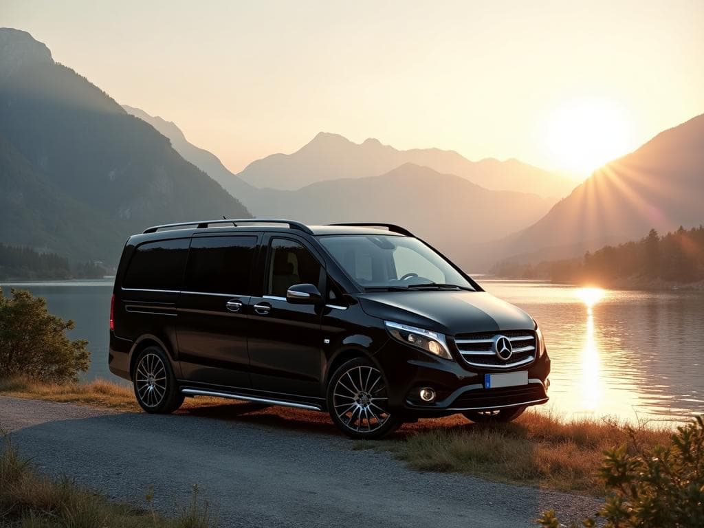 Mercedes-Benz Vito waiting at a Cretan lakeside at sunset